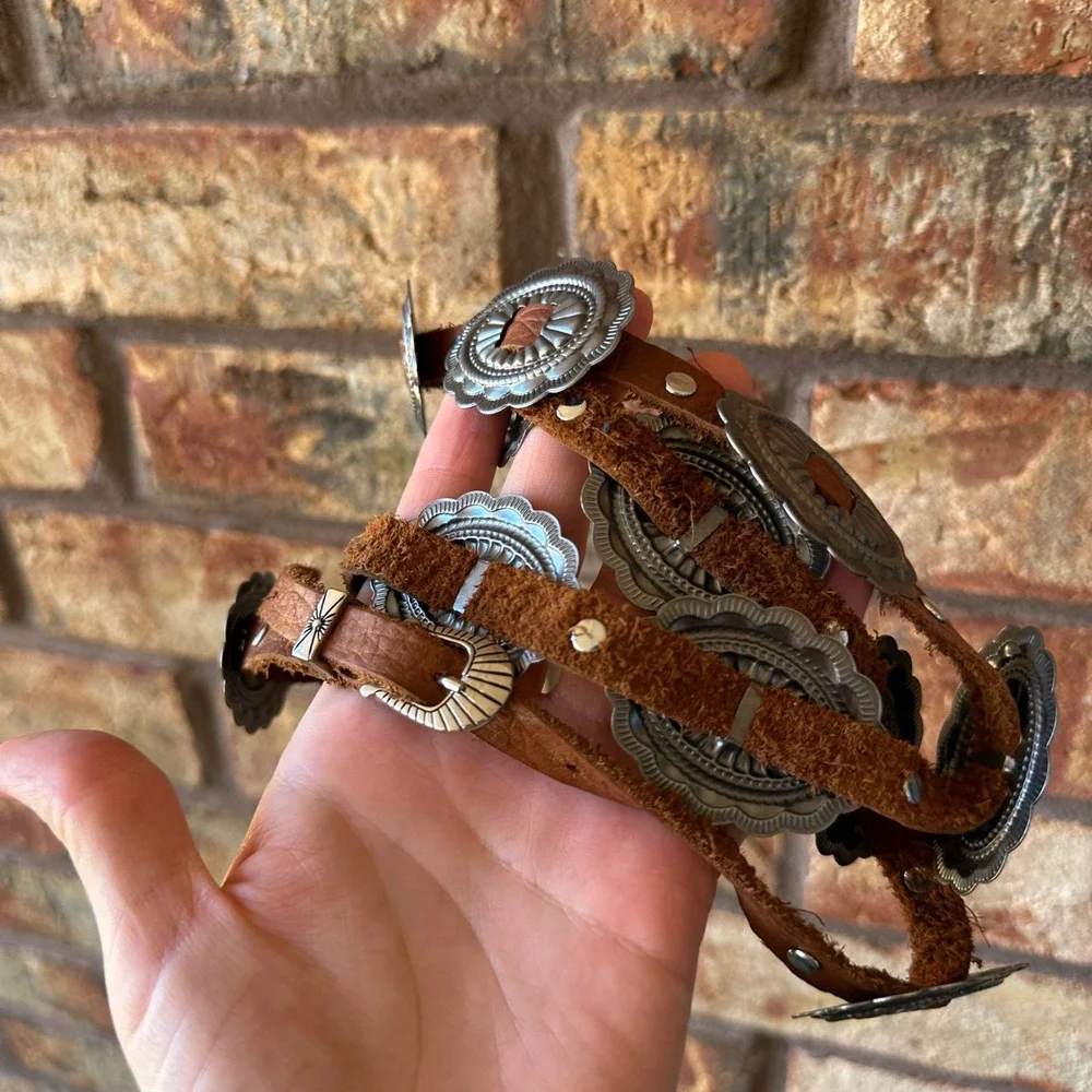 Vintage Style Brown Leather Concho Belt Silver Tone Western Southwestern Boho